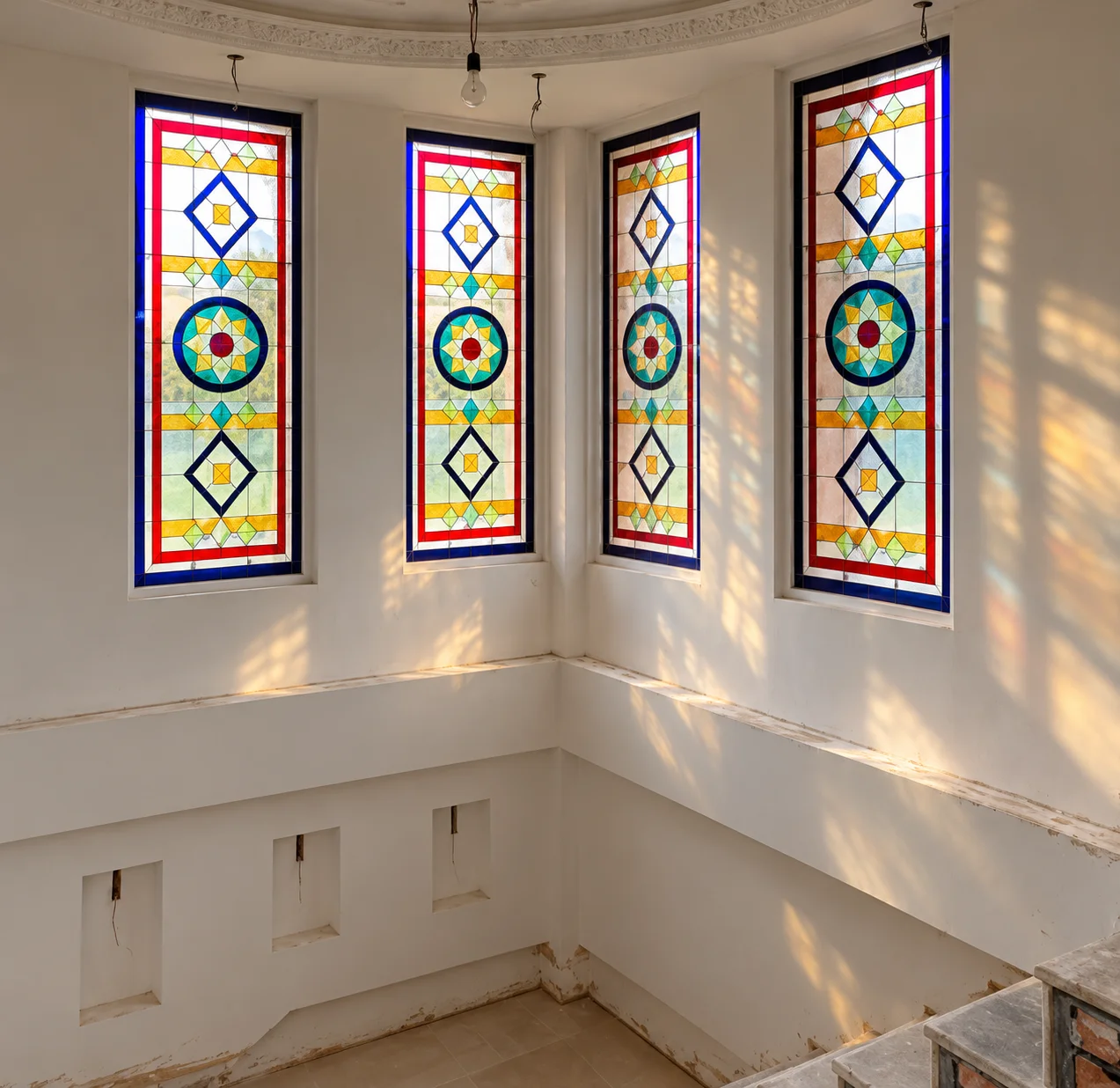 Geometric stained glass window detail at Damavand Villa